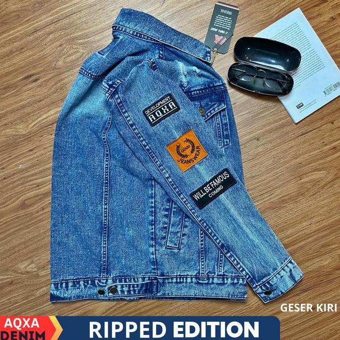 Mntp- Aqxa Jaket Denim Jeans Pria Motif Sobek Bordir Slimfit Murah Keren Tebal Jacket Denim Fading C