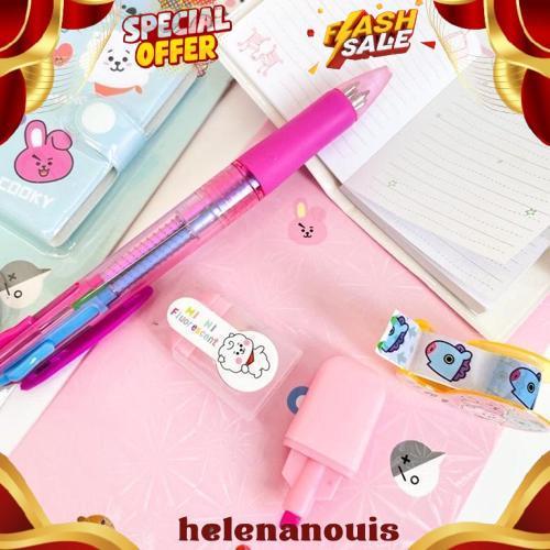 1 Set Alat Tulis 4in1 Buku Pulpen Highlighter Tape BTS Notebook BT21 Murah BIGDEAL
