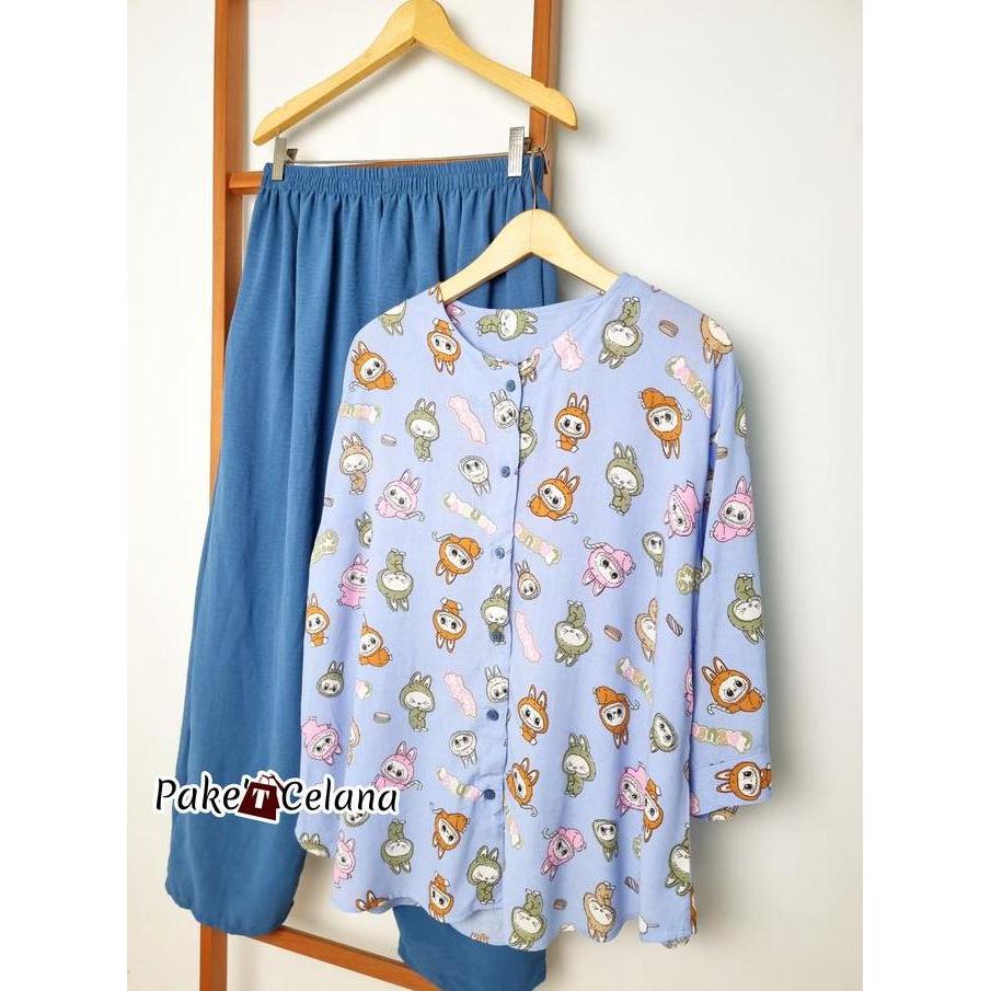 Setelan wanita jumbo xxxl ld 130 one set labubu busui terbaru kekinian bahan rayon import premium