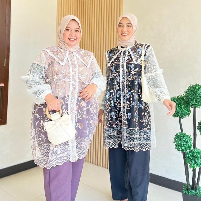 Reya Set JUMBO Outer Brokat Mewah Oneset (Atasan Outer Tunik dan Bawahan Celana Kulot) by eshantai