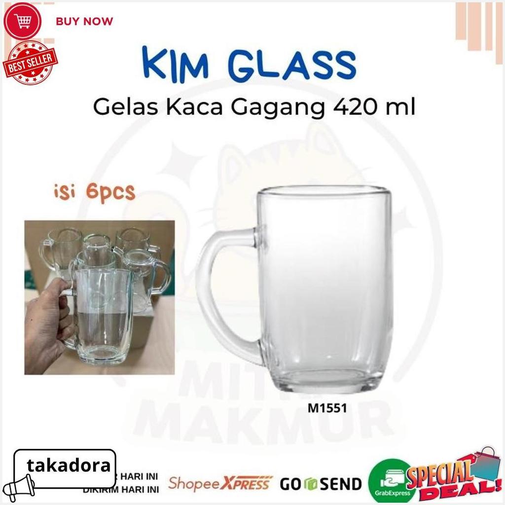 Kim Glass - Gelas Gagang Kaca Gelas Air Minum 420 Ml M1551 Gelas Teh Gendut @6 Pcs Terlaris