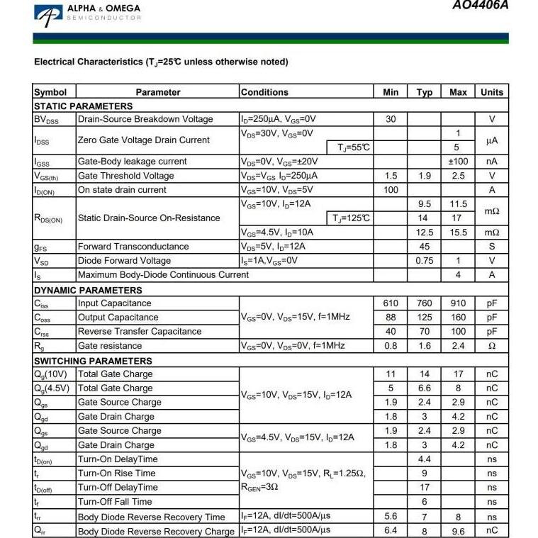 AO4406A 30V 13A N-CHANNEL MOSFET AO4406 4406 4406A SOIC8 ALPHAOMEGA ORIGINAL
