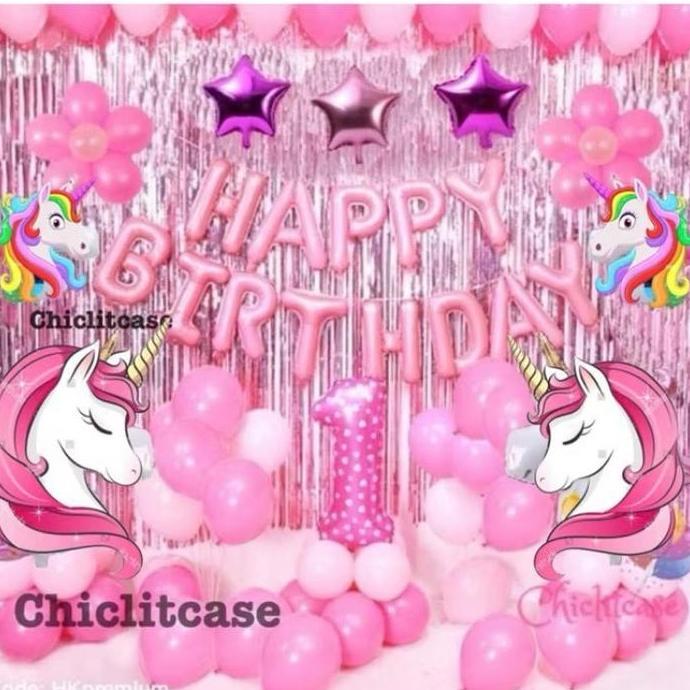 Paket dekorasi balon ulang tahun tema unicorn premium tirai