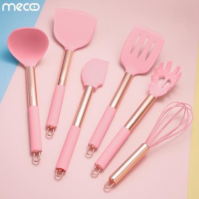 Coox- Mecoo Most Aesthetic 6 In 1 Antibacterial Odorless Spatula Set Pink With Storage Rack 7 Pcs Pr