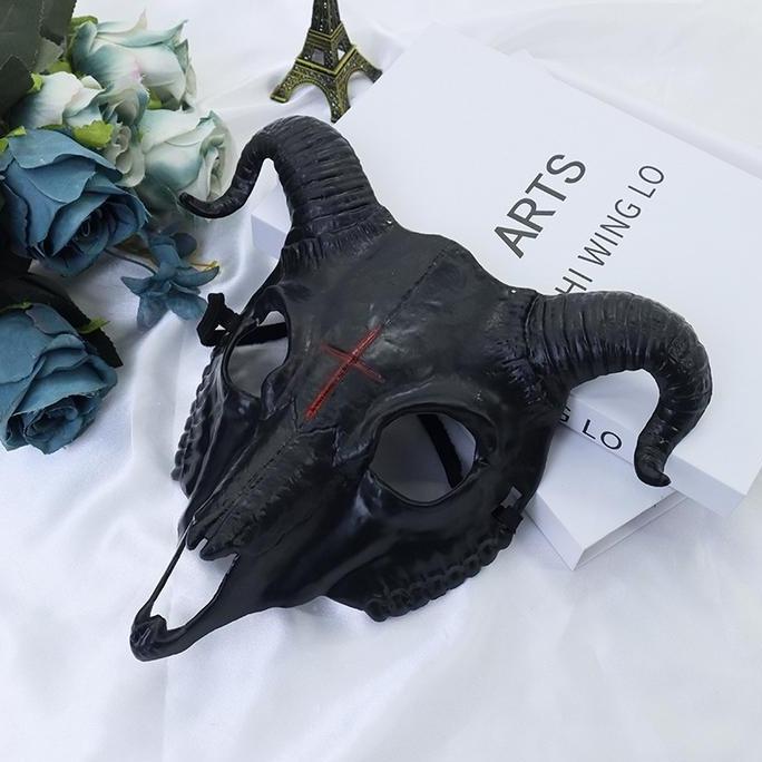 Topeng Tengkorak Domba/ Topeng Tanduk Ram Kambing Tengkorak Halloween - Hitam
