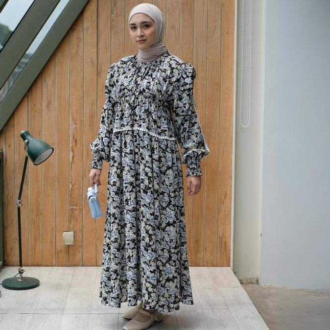Eclemix Dress Euna | Baju Wanita Vintage Motif Bunga | Gamis Wanita Lengan Kerut