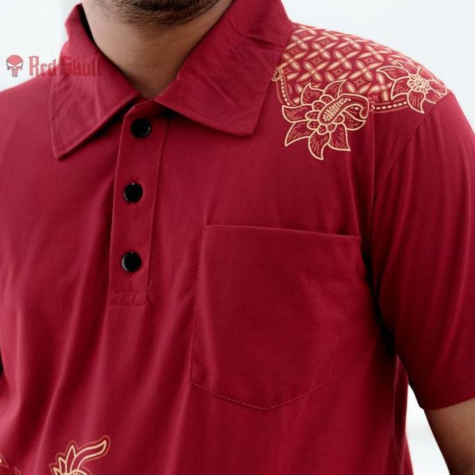 RED SKULL Kaos Kerah Polo Katun Batik Burung Batik Solo Ada Saku Kaos Pendek Pria Baju Dewasa Motif 
