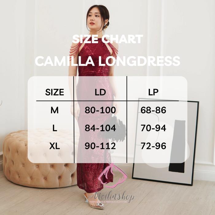 Camilla Sequin Longdress Gaun Malam Maroon/Gold/Silver With Chain Party Elegant Feminim Minimalist K