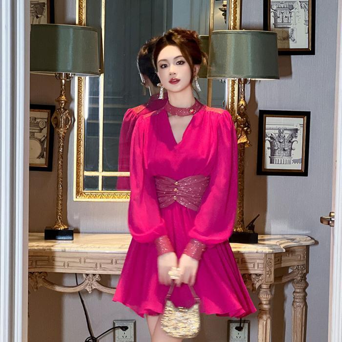 Folady - P412 Dress Mini Wanita Import Lengan Balon Panjang Hiasan Blink Mewah Glamour Elegant Ala K