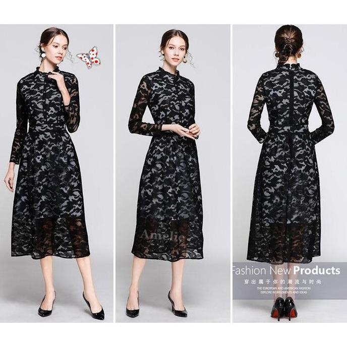 Long Dress Midi Brukat Gaun Pesta Wanita Korea Import AB636831 Merah