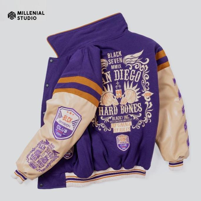 Nursellerjagat Varsity Jacket San Diego Hard Bones Purple Cream | Jaket Baseball Kerah Bordir Origin