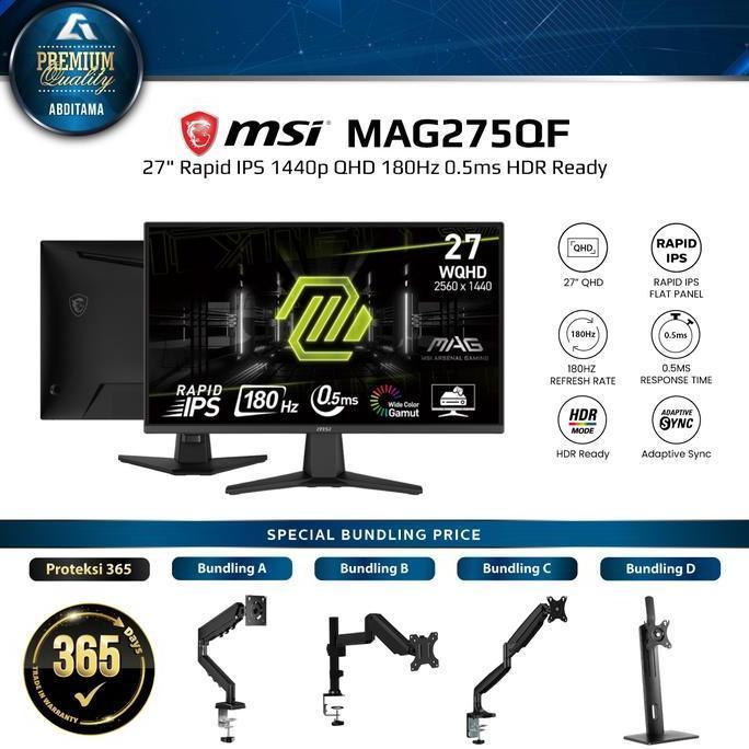 Monitor LED MSI MAG275QF 27" Rapid IPS 1440p QHD 2K 180Hz 0.5ms HDMI x2 DP x1 HDR Ready Vesa Wide Co