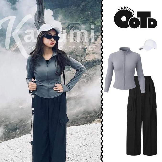 Hot Sale!, Outfit Set Hiking 3In1 Kawumi Outfit ( Jaket , Celana , Topi ) Ootd Mendaki Gunung Kece K