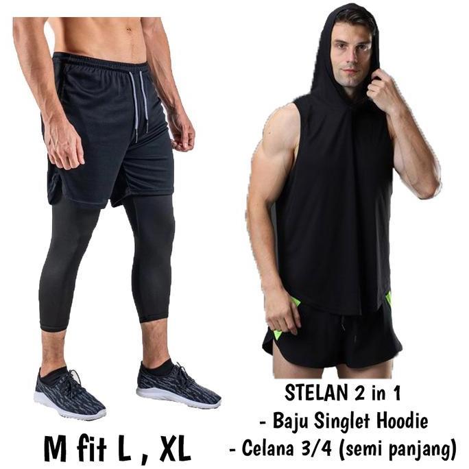 Super Promo, Stelan Jersey Singlet Hoodie Dan Celana Olahraga Compression Short Hitam 3/4 Voli Lari 