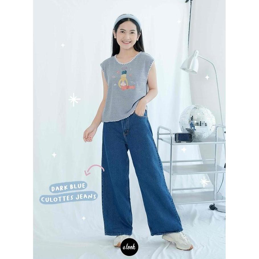 E.Look Culotte Jeans - Celana Kulot Denim Wanita Hh-Waist Kasual dan Nyaman