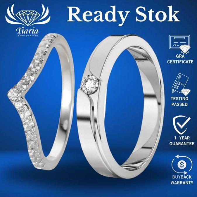 Ready Cincin Tunangan 2-3 gram Berlian Moissanite GRA / Zircon - Platinum / 9K White Gold Plated Sil