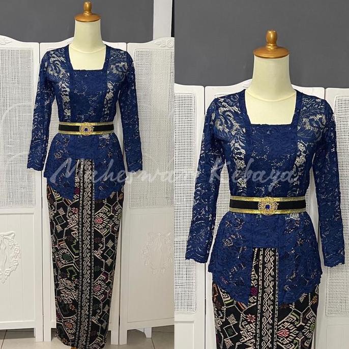 Kebaya Bali Set Kutubaru Brukat Lengan Panjang Navy Rok Lycra