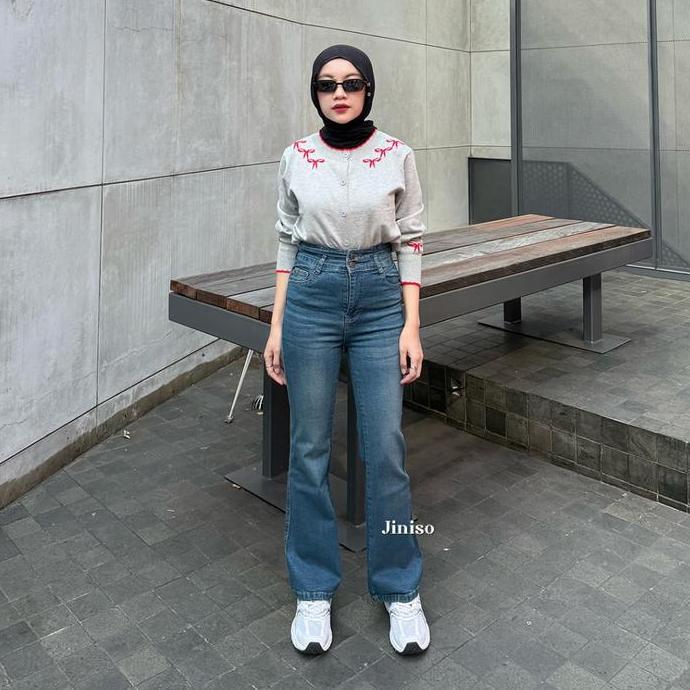 NOIR - JINISO Stretch Cutbray Petite Celana Jeans Hhwaist