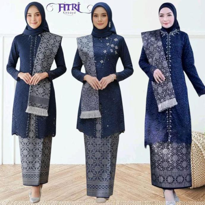 Setelan Kebaya Tunik Payet Brokat Warna Navy Mix Songket Dengan Selendang Wanita Dewasa Atasan Baju 