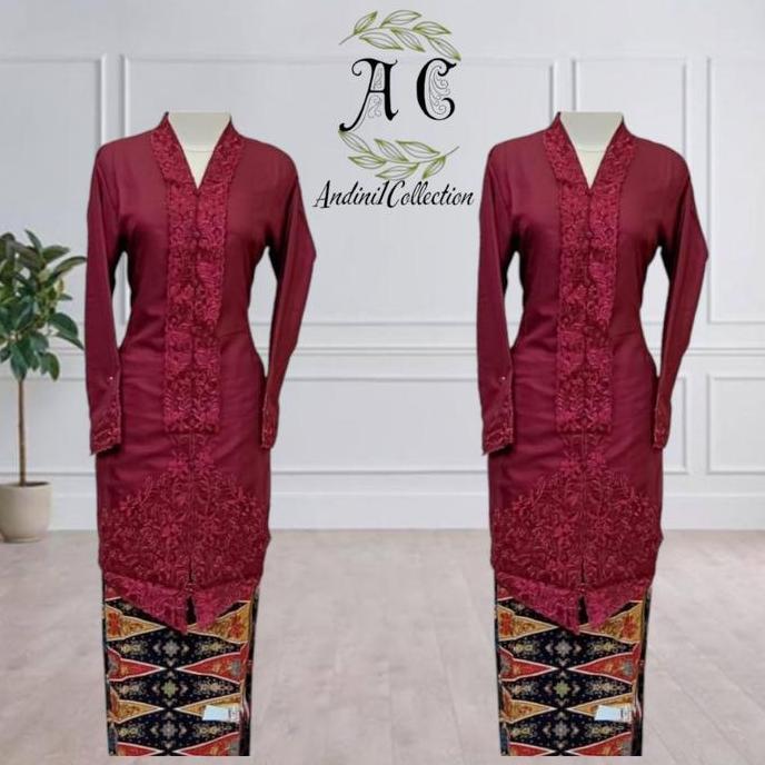 Andini Collection Kebaya Encim Tunik Tunik Kartini Model Tunik Warna Maroon dengan Motif Etnik di Ba