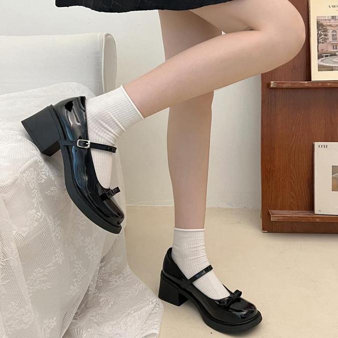 Sepatu Hak Tahu Tinggi 5cm High Block Heels Wanita Mary Jane Tali Import Pesta Hitam Korea Murah Pre