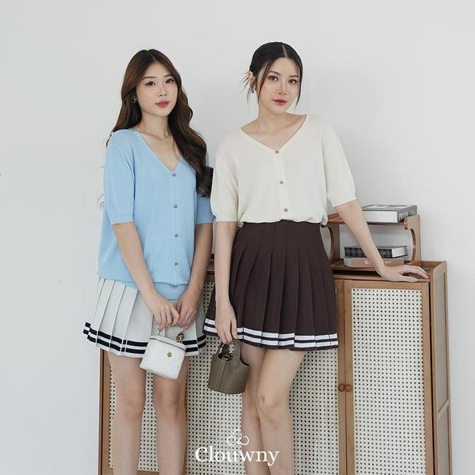 Clouwny Stripes Tennis Skirt Rok Wanita Korea Modern Korean Premium Knitt Pendek Pink Mini Panjang r