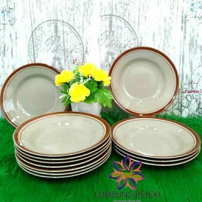 Unik 6Pcs Piring Makan Gratis Sendok / 6Piring Keramik  /6Piring Makan List Coklat / Piring Makan Mu