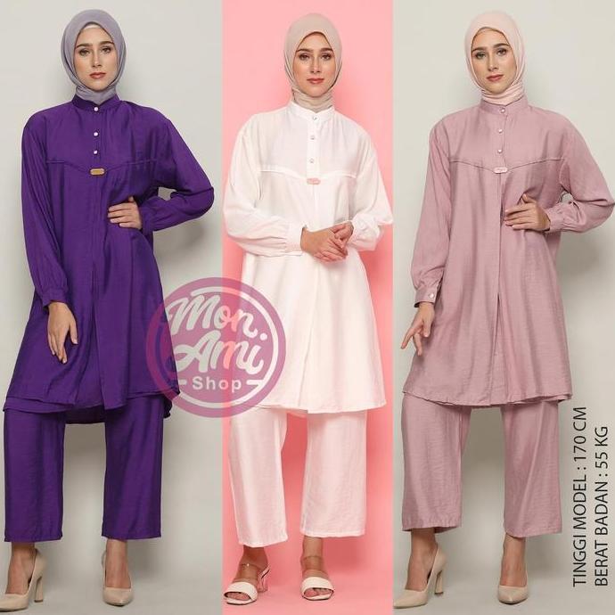Newrelig- Azalea Setelan Celana Panjang Tunik Atasan Muslim Wanita Bahan Katun Turkish Linen Ld 110 