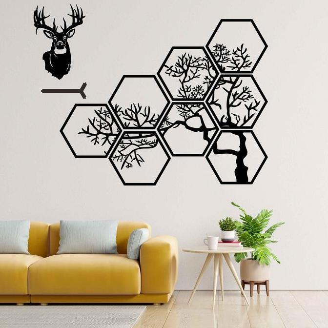 Xyxy- Kreasikayu Dekorasi Hiasan Dinding Timbul Elegan Hexagonal Rangkai Model Ranting Pohon Kayu