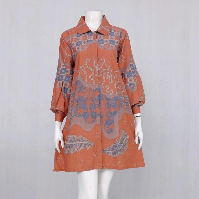Newrelig- Tunik Wanita Batik Rinjani Motif Pola Katun Kancing Depan Katun