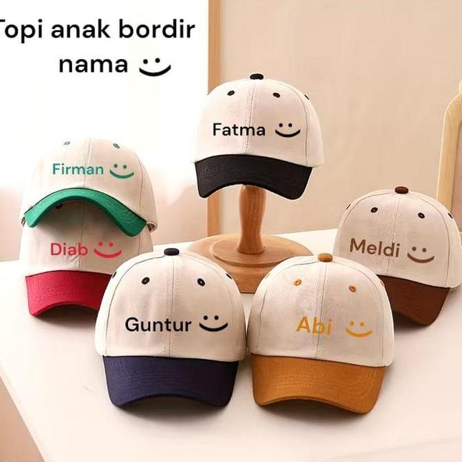 TOPI ANAK BASEBALL BORDIR SMILE FREE BORDIR NAMA laki 2 tahun cewek 612 Hitam Putih Cowok Bayi