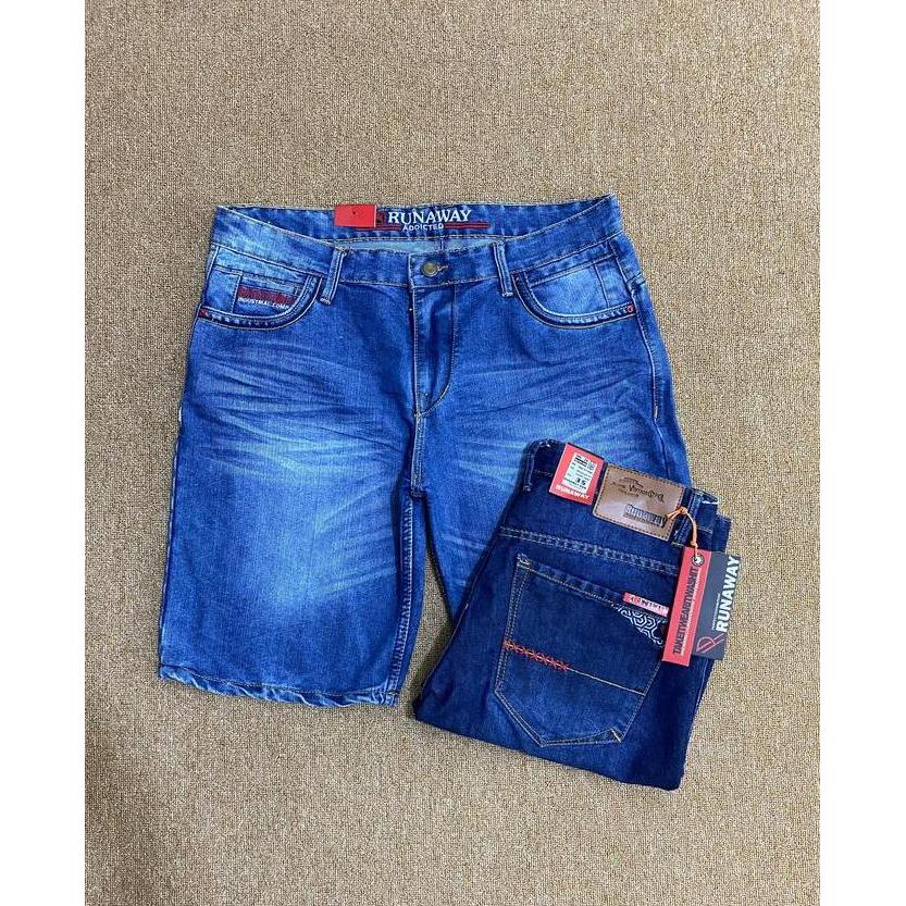 Boyboying- Celana Pendek Original Runaway Non Stret Size 34-39 Jeans Pria Denim Santai Panjang Muda 