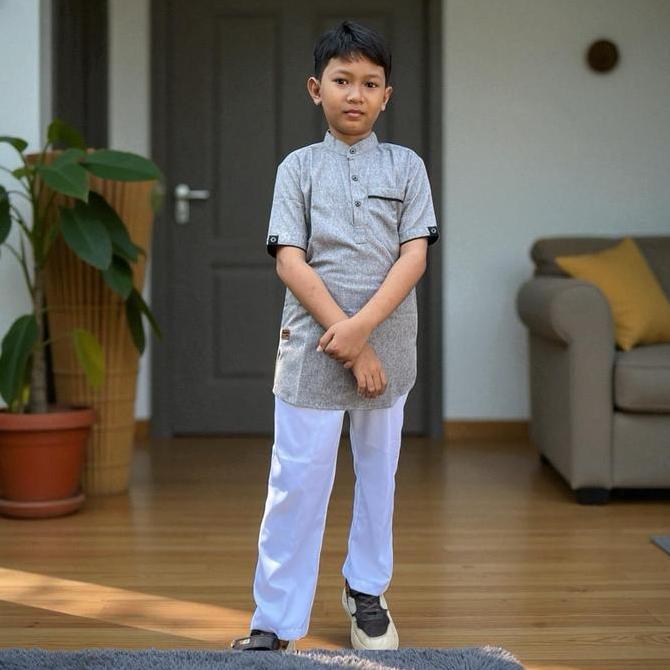Kidsrelig- Baju Koko Kurta Anak Usia 1-14 Tahun Model Kombinasi Strip Hitam Kerah Mandarin Lengan Pe