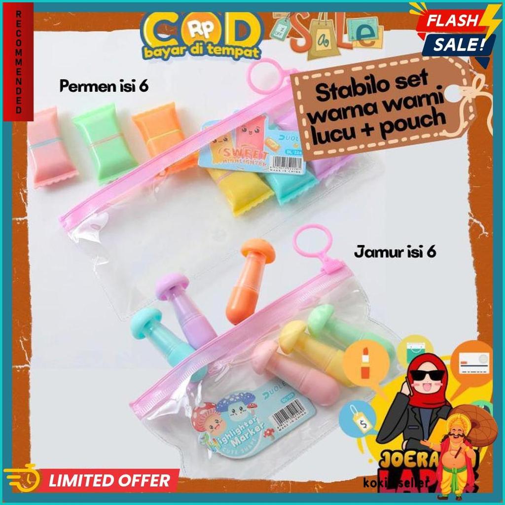 [Joeragan Lapak] Stabilo Set Isi 6 Pcs + Pouch Bentuk Jamur Dan Permen Lucu Unik Spontliner 6Pcs Hig