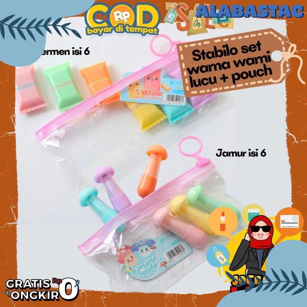 [Joeragan Lapak] Stabilo Set Isi 6 Pcs + Pouch Bentuk Jamur Dan Permen Lucu Unik Spontliner 6Pcs Hig