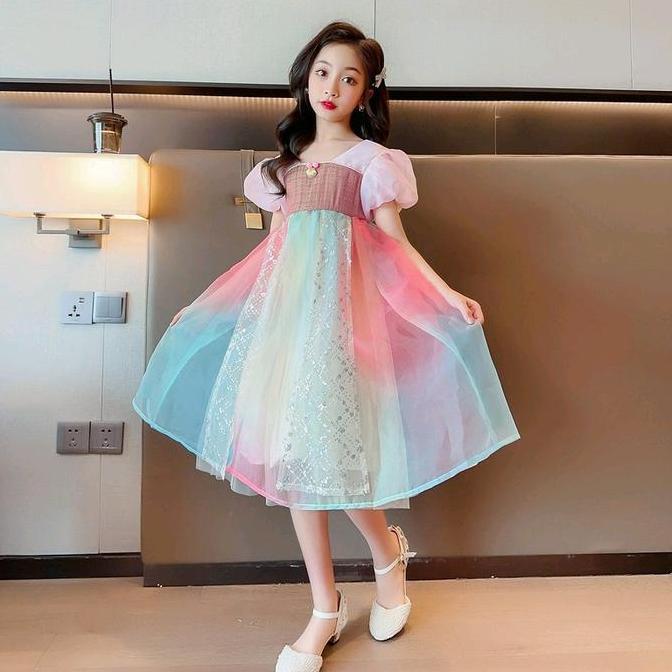 Dress organza cheongsam rainbow anak perempuan premium 8/9thn