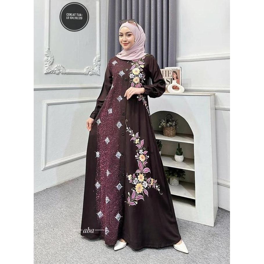 Regreg- Nikmatbatik - Terbaru Gamis Lukis Twill Ori Kancing Dress Muslim Wanita Dewasa Syari Motif C