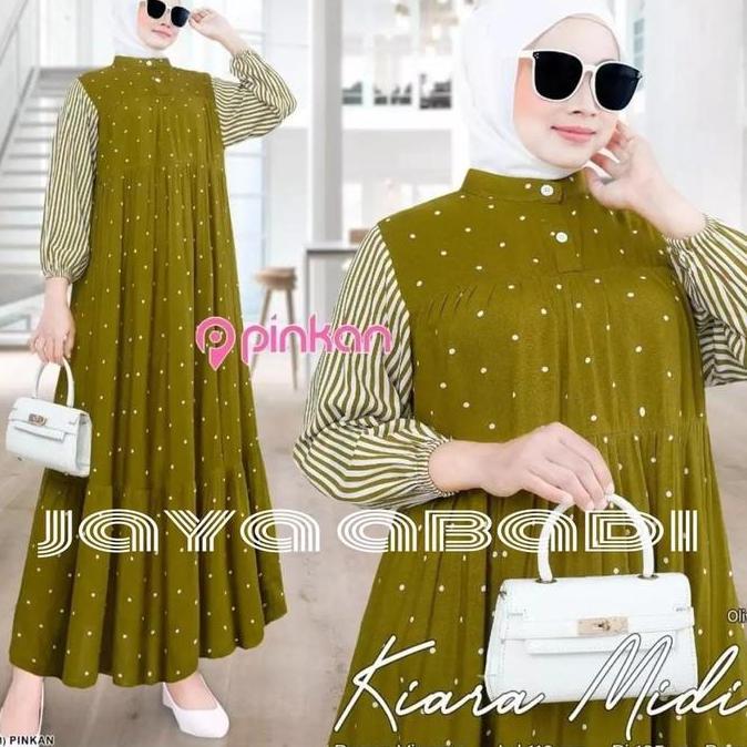 Regreg- Gamis Dres Motif Polkadot Lengan Salur Bahan Rayon Premium Wanita Muslim