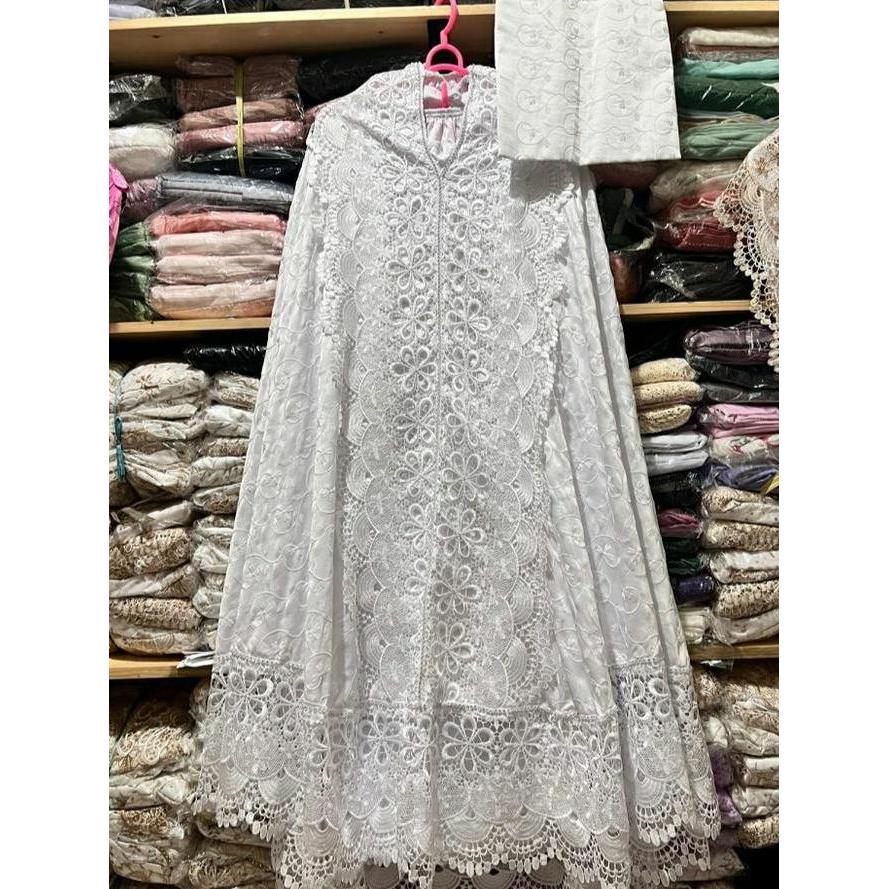 Mukena Sutra Prada Premium Bordir-Putih Renda Seroja
