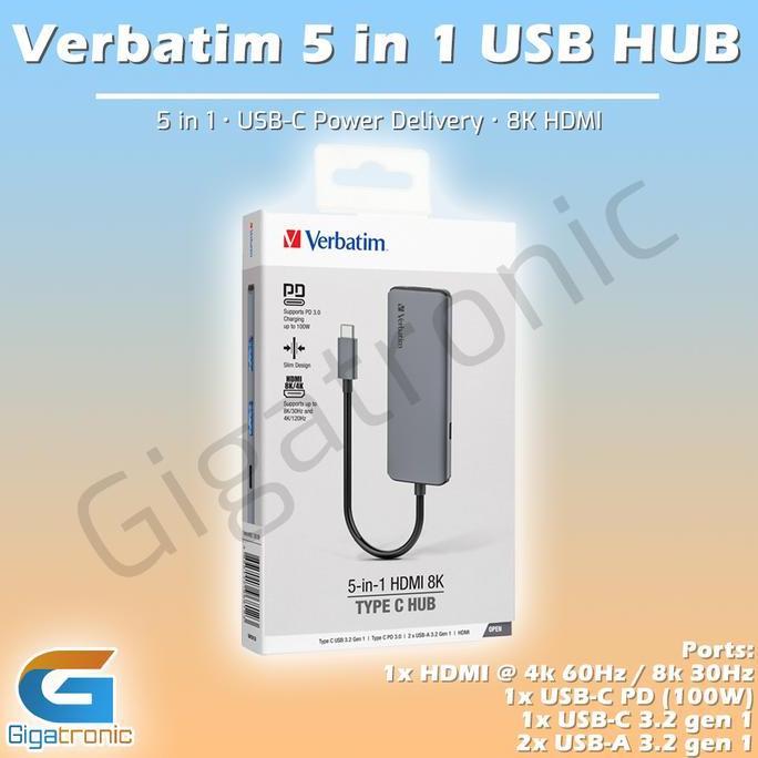 USB Type C Hub 5 in 1 Verbatim - 8K HDMI , Power Delivery