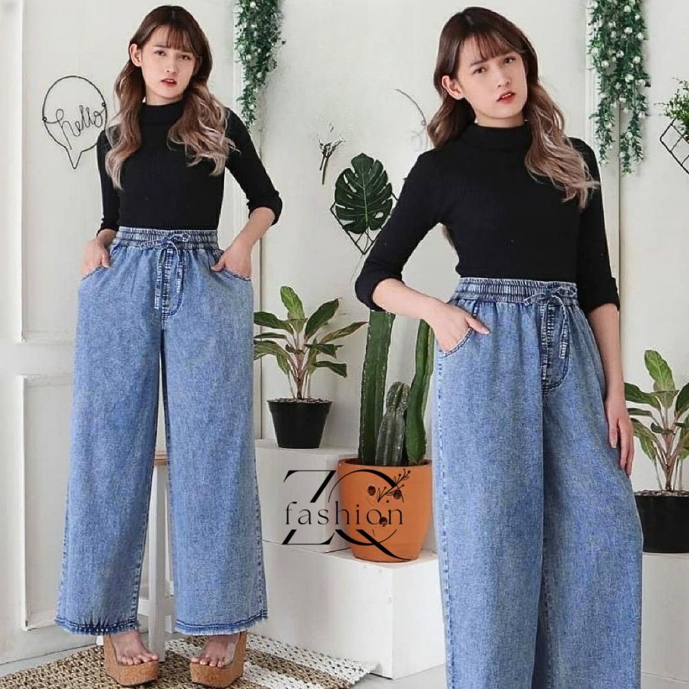 Promo Kulot Jeans Pinggang Karet - Celana Jeans Kulot Wanita Full Pinggang Karet Tali Serut