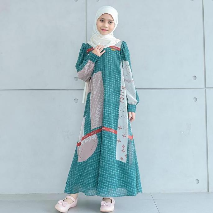 DISKON AISYALINA ID SARIMBIT COLLECTION BELRISSA KIDS DRESS TANPA KHIMAR BAHAN CERUTI MOTIF PRINTING