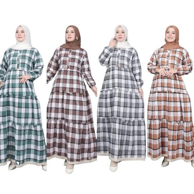 GAMIS FLANEL SUSUN  JUMBO AKSEN RENDA BUSUI MUSLIMAH WANITA ELEGAN Jepang Kancing Katun Variasi