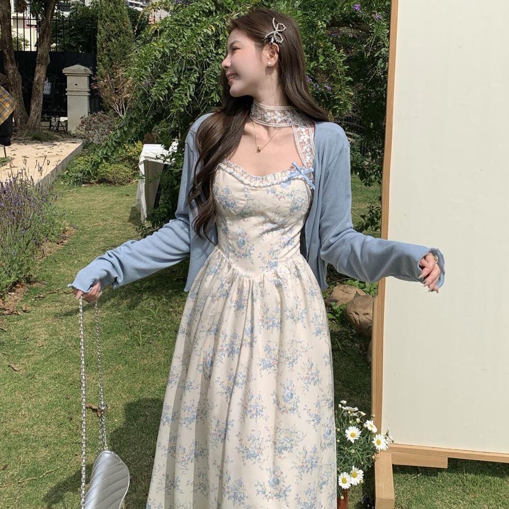 Setelan Long Dress Suspender Manis + Cardigan || Dress Bunga Motif Retro Prancis Ukuran Besar Tren M