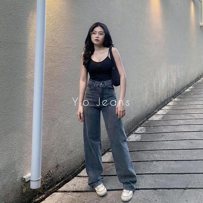 DISKON CELANA JEANS WANITA KULOT BF PANJANG SNOW BLACK NON STRICH LOOSE NYAMAN TEBAL