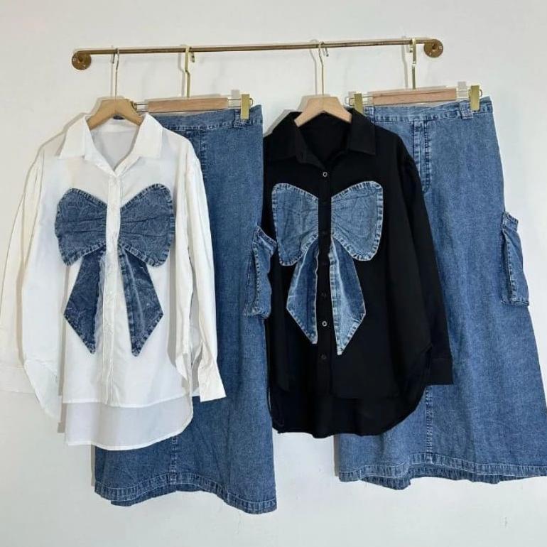 Terlaris Setelan Wanita One Set Jeans / Set Wanita Atasan Dan Rok / Setelan Wanita Import / Ribon On