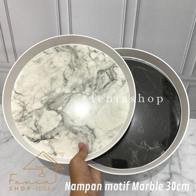 New- Nampan Bulat Motif Marble Plastik Hijau Hitam Putih