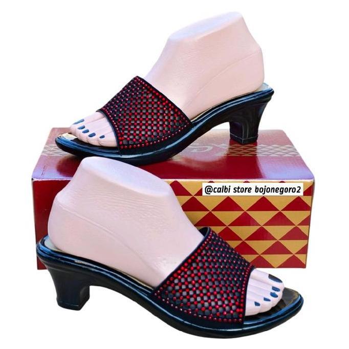 DISKON (( ORIGINAL )) SANDAL CALBI SELOP PESTA BERHIAS PERMATA CANTIK HAK KOKOH 5CM - HITAM/MERAH/CO