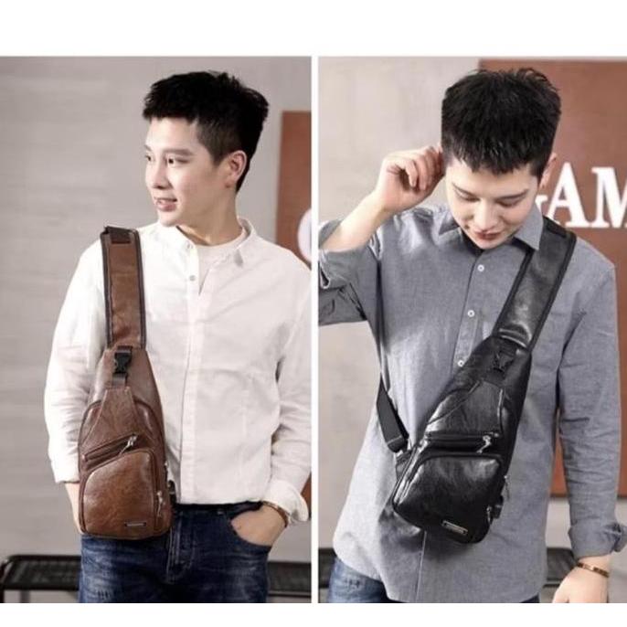 DISKON SELEMPANG KULIT PRIA TAS HP/TAS DADA USB/SLING BAG USB KULIT/ TAS PINGGANG WAISTBAG CASUAL WE