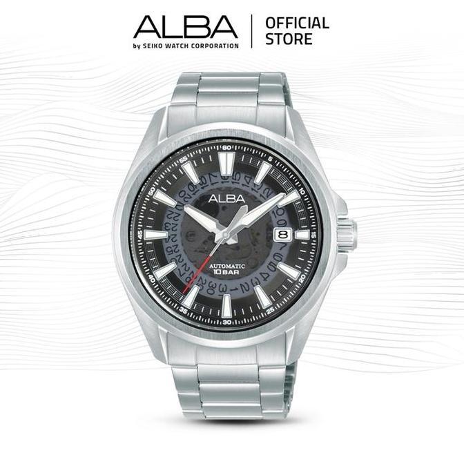Alba Mechanical Jam Tangan Pria AU4031 / AU4031X1 Automatic Black Dial Stainless Steel Strap Watch